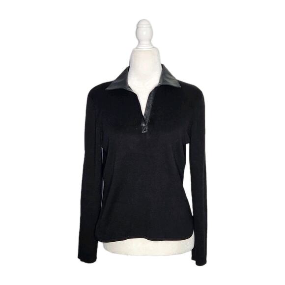 Geoffrey Beene Black Long Sleeve Knit Silk blend Sweater w/ Leather Collar Sz M - Picture 1 of 6